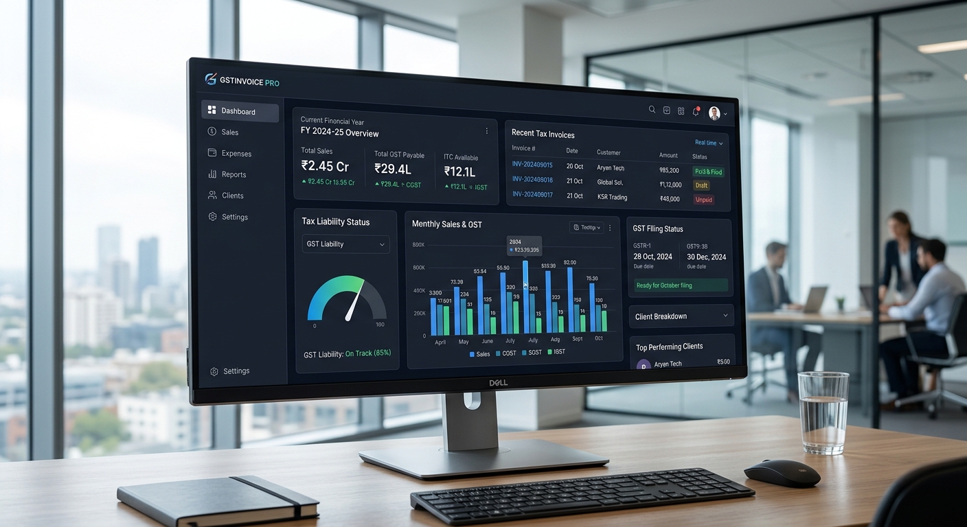 Modern GST billing dashboard showing compliant invoices and tax analytics