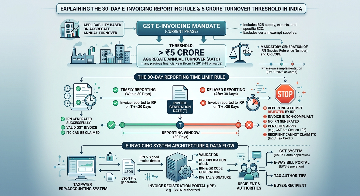 Infographic showing the 30-day reporting rule and e-invoicing thresholds