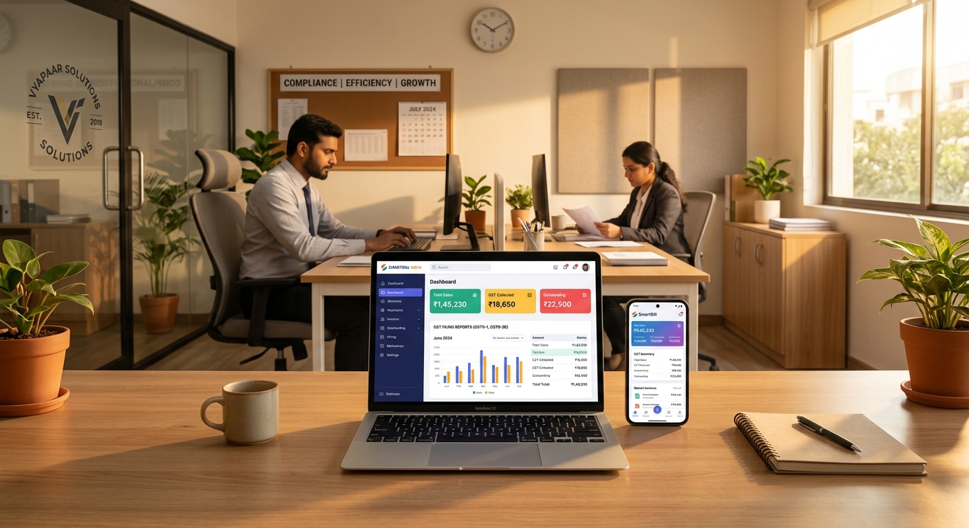Modern Indian office with cloud billing dashboard on laptop and smartphone