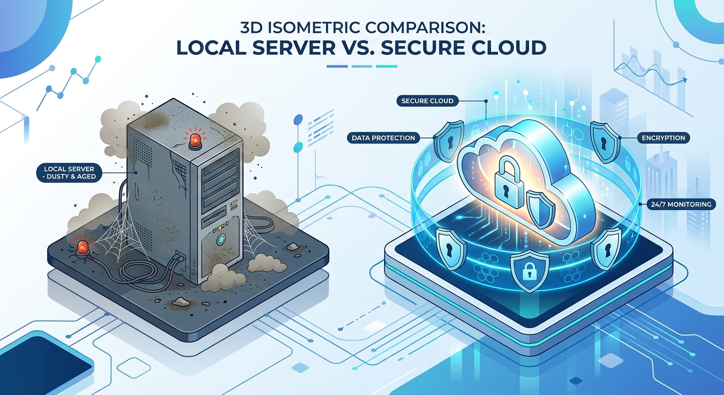 Isometric illustration of secure cloud data storage vs traditional local server