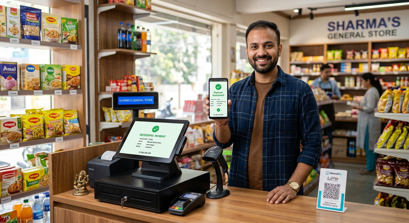 Indian shop owner using a mobile billing app in a modern retail store